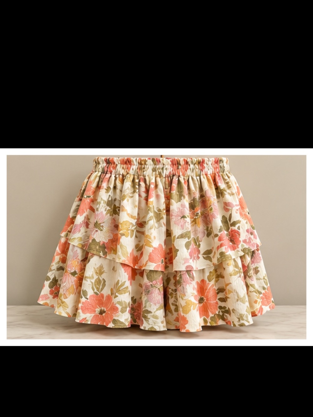 Tiered Floral Mini Skirt in Cream with Coral & Olive